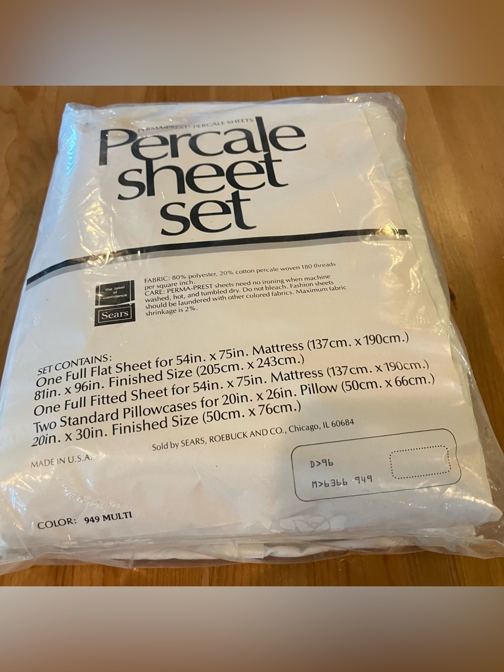 NEW Vintage Sears Percale Sheet Set - Full White 80% Polyester 20% Cotton